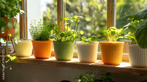The scene features an indoor setting near a window  illuminated by natural light. A wooden shelf runs horizontally across the image  holding five potted plants