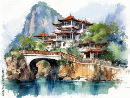A traditional Chinese building with a bridge in front of it, all surrounded by mountains and a lake.