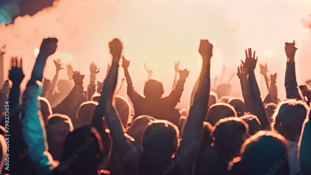 Crowd of people at a live music concert with raised hands, Crowd cheering at a live music concert and raising their hands Crowd of people at a live music concert with raised hands, Crowd cheering at a live music concert and raising their hands