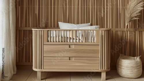 3 drawer chest is made of light wood and has an open side with slats for sleepers or crib sport. In the background there are wooden wall panels photo