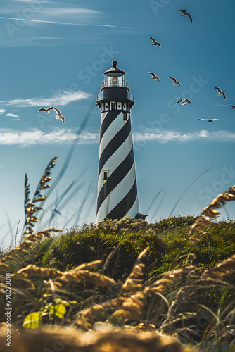 Serene Coastal Landscape Featuring a Striped Lighthouse under a Blue Sky in North Carolina