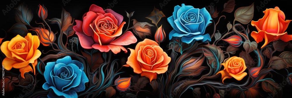 Several roses on a dark blue background and smoky patterns.