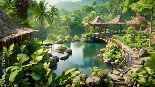 Luxury swimming pool in a tropical garden. Toned, Exotic oasis in Bali, featuring a tropical swimming pool nestled amidst the breathtaking scenery of Indonesia's enchanting island photo