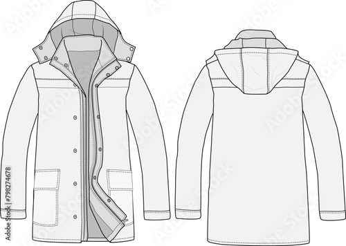 Hooded Snap Duffle Coat Apparel Flat Sketch Vector Illustration photo