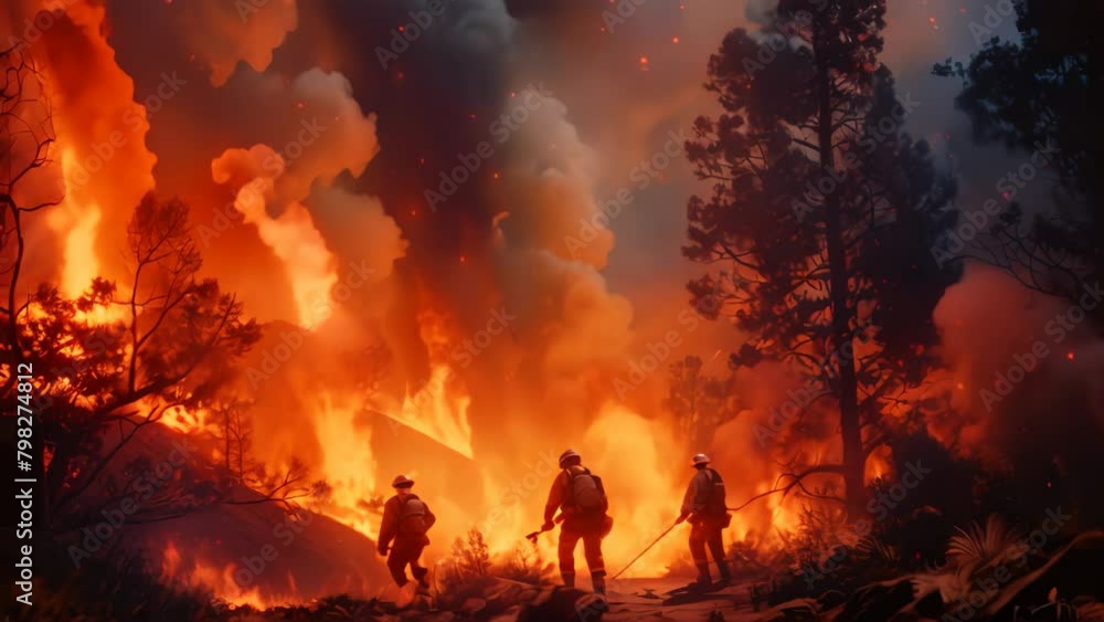 Firefighters fighting a fire in the forest. 3D rendering, Firefighters battling a wildfire Firefighters fighting a fire in the forest. 3D rendering, Firefighters battling a wildfire