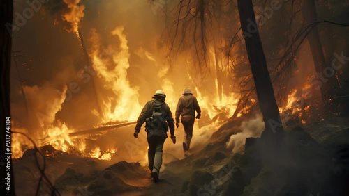 Firefighters fighting a fire in the forest. 3D rendering, Firefighters battling a wildfire photo
