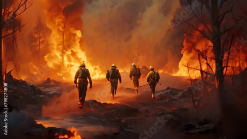 Firefighters extinguish a forest fire. Firefighters fighting a fire, Firefighters battling a wildfire photo