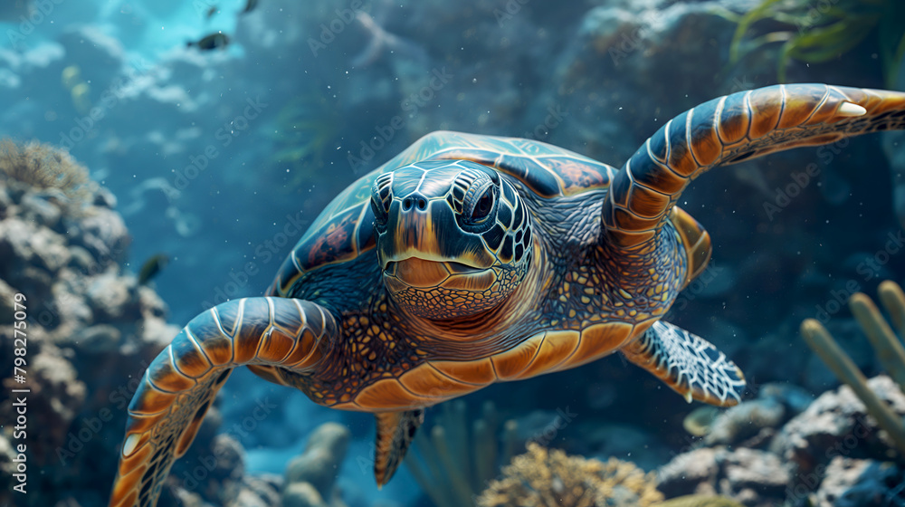 Water pollution concept. Sea turtle swimming gracefully over coral reef. Underwater view of a hawksbill turtle in the wild. Colorful sea turtle gliding in a vibrant reef.