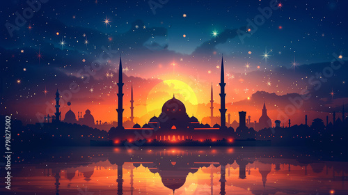 Muslim mosque silhouette on red, yellow and violet sunset sky and clouds background. illustration photo