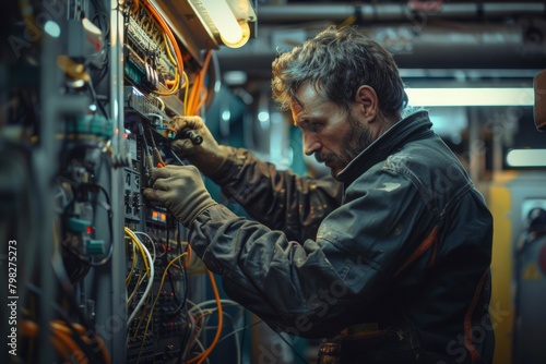 Electrician at Work on Industrial Electrical Panel, Maintenance and Safety in Technical Profession photo