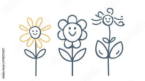 A simple line drawing of an three anthropomorphic flower characters. The illustration is minimalistic  focusing on basic shapes and lines to capture the essence of the subject. It s designed as clipar