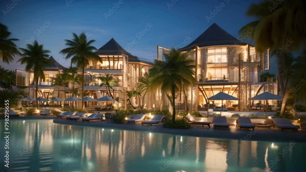 Swimming pool in luxury hotel resort with palm trees at night, Luxury beach resort Swimming pool in luxury hotel resort with palm trees at night, Luxury beach resort