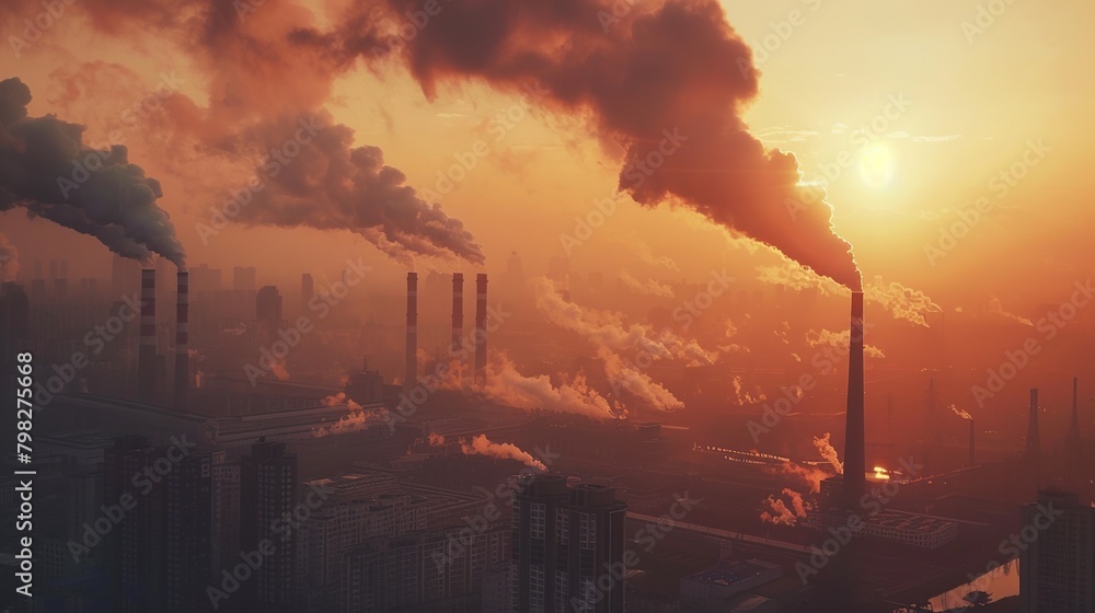 A wide aerial view of an industrial city with huge smokestacks emitting thick plumes of air pollution.