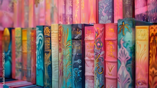 Against a soft pastel backdrop, a stack of books invites exploration, their spines adorned with intricate designs and vibrant colors captured in stunning HD detail by the camera.