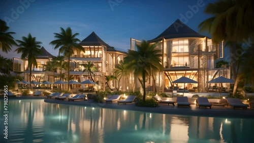 Swimming pool in luxury hotel resort with palm trees at night, Luxury beach resort photo
