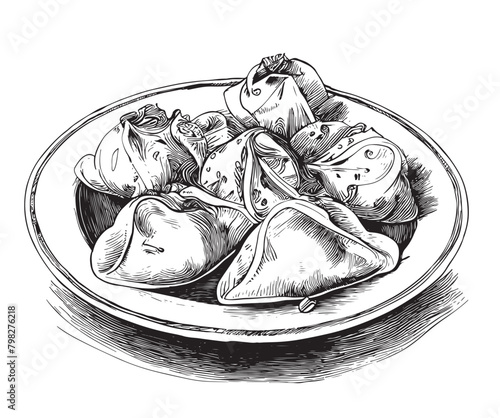 Hand drawn vector ink illustration. Ravioli pelmeni pierogi vareniki gyoza manti wonton dish.