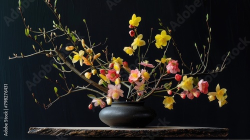 A moribana-style arrangement. Flowers: Forsythia and roses in an elegant Japanese Ikebana Vase Saucer on a flat natural edge wood board, isolated against a deep black background,