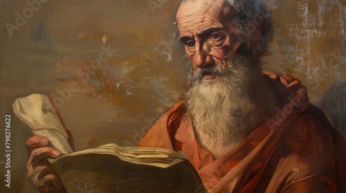 A painting of Hippocrates from the 17th century, with a parchment in his hand. Light background. photo