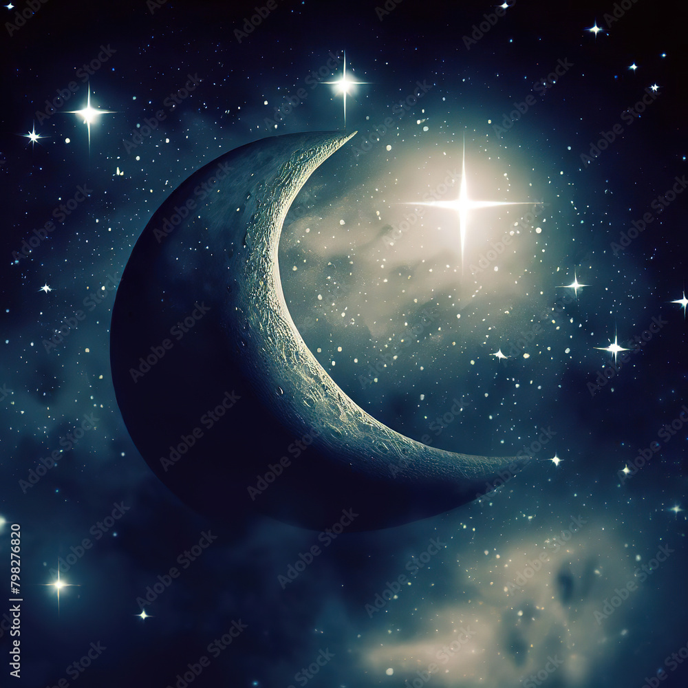 Fototapeta premium creative image of the moon in the night sky and shining stars, Ai generated