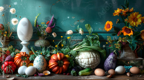 Still life of flowers, eggs, and vegetables © James Nesterwitz