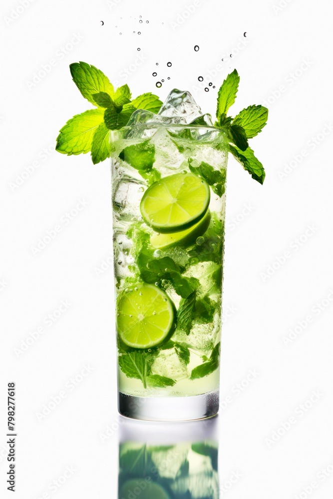 Glass of water with ice, leaves of mint and slices of lime on white background. Glass of water with ice, leaves of mint and slices of lime on white background.
