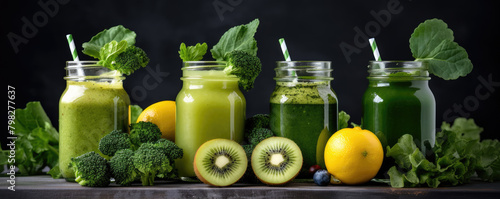 Fresh green smoothies in mason jars surrounded by scattered ingredients like kiwi and herbs on a dark background, showcasing healthy eating