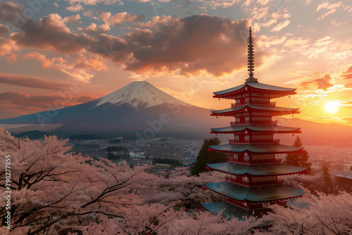 Fujiyoshida  Famous Landscape view of Japan to  Beautiful mountain Fuji and Chureito pagoda at sunset  japan in the spring with cherry blossoms