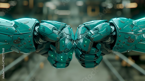 Futuristic robotic arms linked in harmony. High-tech blue robot hands connecting. Mechanical precision in robotic arm handshake. Concept of robots partnership