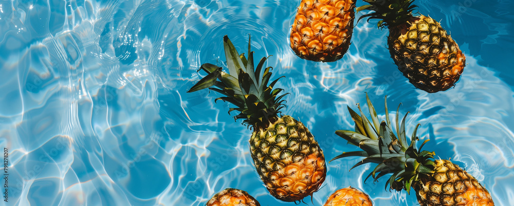 photo of pineapples swimming on a pool, water, brite sky, photo taken from above photo of pineapples swimming on a pool, water, brite sky, photo taken from above
