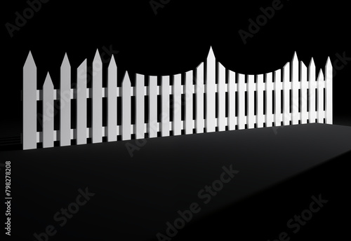 An uneven white picket fence; concept of uneven, unpredictable order amidst chaos or unruly neighbors, isolated on black photo