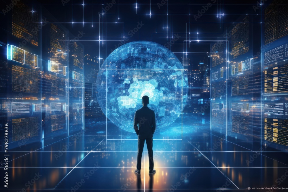 Big data visualization data center analytics IOT cloud computing AI night architecture illuminated. Big data visualization data center analytics IOT cloud computing AI night architecture illuminated.