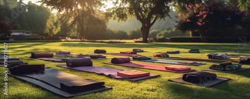 Yoga mats with a towel laid out on a park lawn during sunset, evoking a sense of meditation and rejuvenation photo