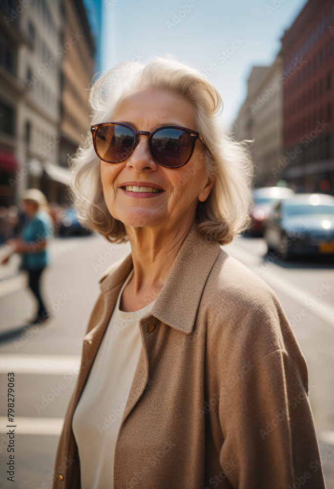 Modern happy old or senior woman stylishly dressed in a shirt and sunglasses standing on the street in the background of a big city on a sunny day. Close-up Modern happy old or senior woman stylishly dressed in a shirt and sunglasses standing on the street in the background of a big city on a sunny day. Close-up