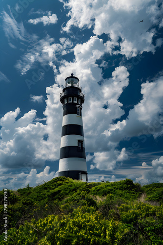 Serene Coastal Landscape Featuring a Striped Lighthouse under a Blue Sky in North Carolina