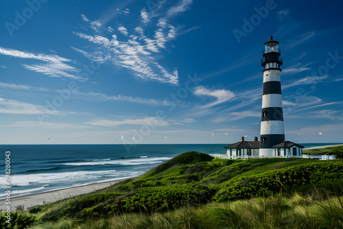 Serene Coastal Landscape Featuring a Striped Lighthouse under a Blue Sky in North Carolina