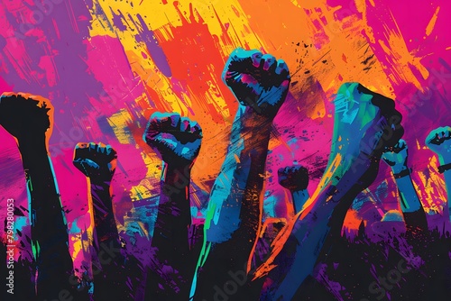 People Raising Fists Together in Colorful Art

 photo