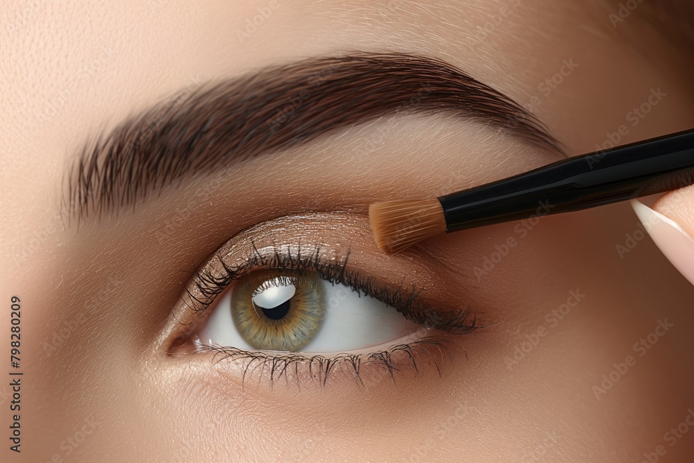 Naklejka premium Makeup artist applying eye shadow on eyes of a beautiful young woman.