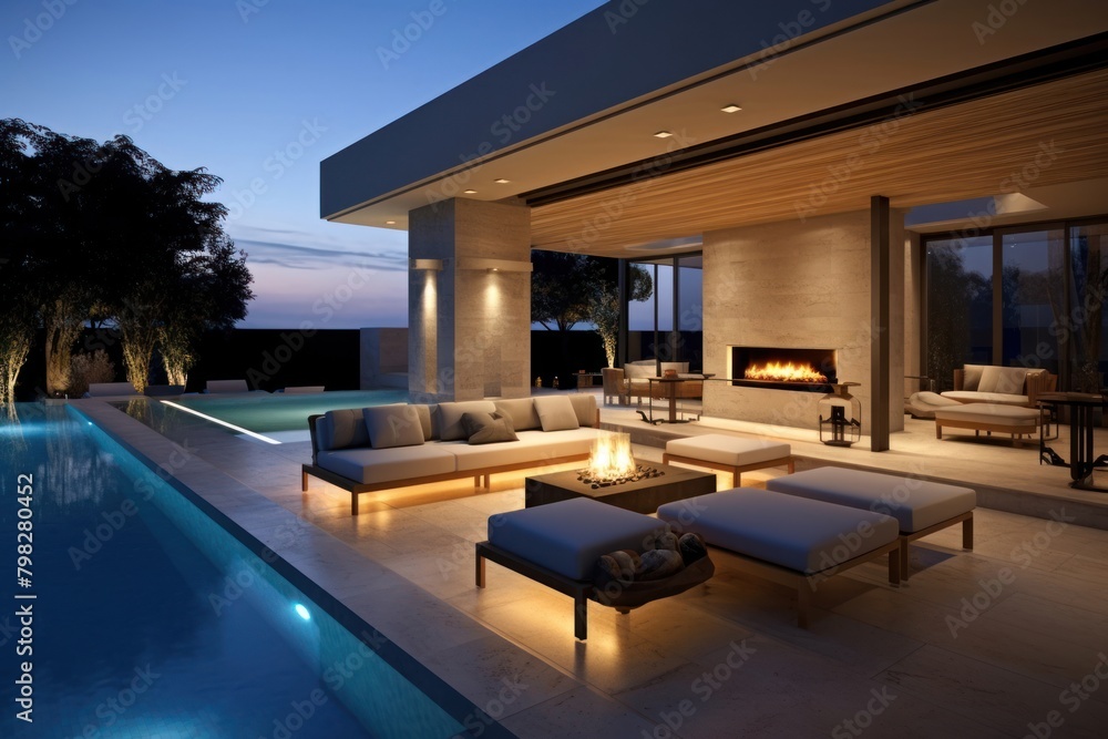 Modern living room and open patio architecture furniture fireplace. Modern living room and open patio architecture furniture fireplace.