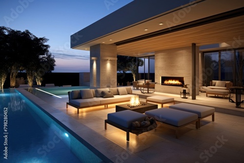 Modern living room and open patio architecture furniture fireplace. © Rawpixel.com