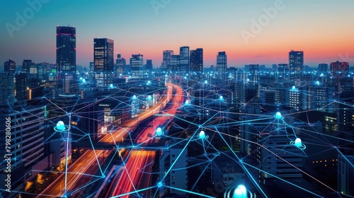 Smart city with connecting network and internet of things digital graphics over the skyline AIG41 photo