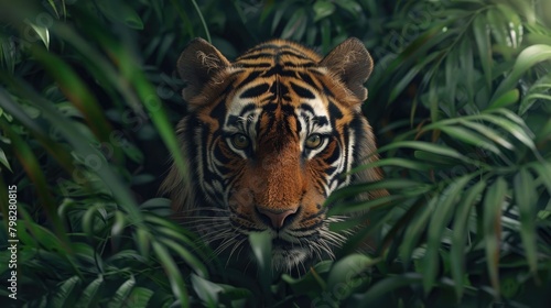 A detailed image of a tiger emerging from dense foliage, showcasing the stealth and grace of these elusive creatures on International Tiger Day. © Ammar