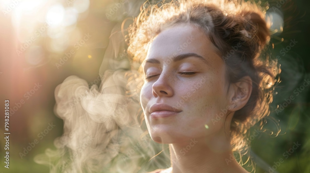 Fototapeta premium Breathing deeply and focusing on mindfulness as the body starts to perspire releasing toxins through the pores..