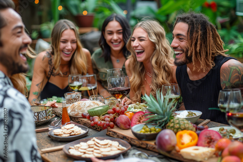 Friends Enjoying a Vibrant Garden Feast