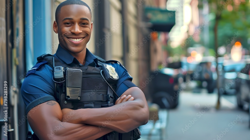 Friendly Police Officer Smiling in Uniform on City Street. Approachable Cop in Urban Setting. Public Safety Professional Portrait. AI Friendly Police Officer Smiling in Uniform on City Street. Approachable Cop in Urban Setting. Public Safety Professional Portrait. AI