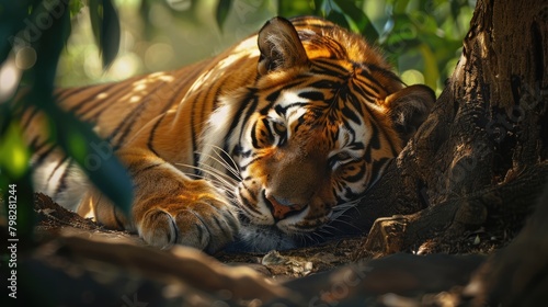 A detailed image of a tiger resting under the shade of a tree, showcasing the beauty and grace of these endangered animals on International Tiger Day.