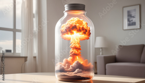 A nuclear or atomic explosion in bottle standing in a room on a desert background. The concept of protecting humanity from the use of dangerous weapons and the beginning of World War 3