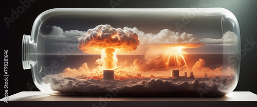 A nuclear or atomic explosion in bottle standing in a room on a desert background. The concept of protecting humanity from the use of dangerous weapons and the beginning of World War 3