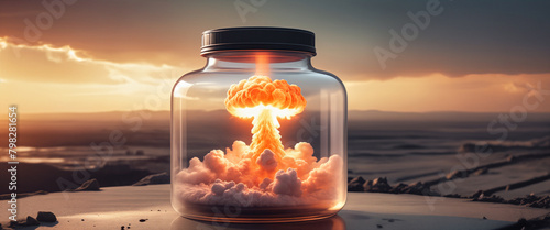 A nuclear or atomic explosion in bottle standing in a room on a desert background. The concept of protecting humanity from the use of dangerous weapons and the beginning of World War 3