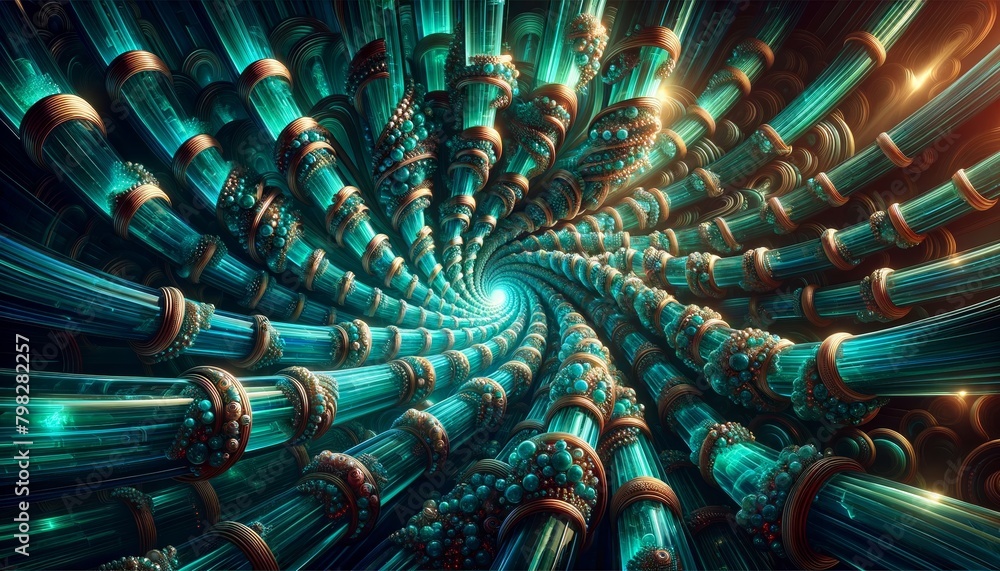 Abstract geometric background with glass spiral tubes, flow clear fluid ...