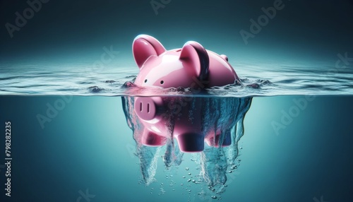 Piggy bank drowning in debt, concept of bankruptcy and losing money photo